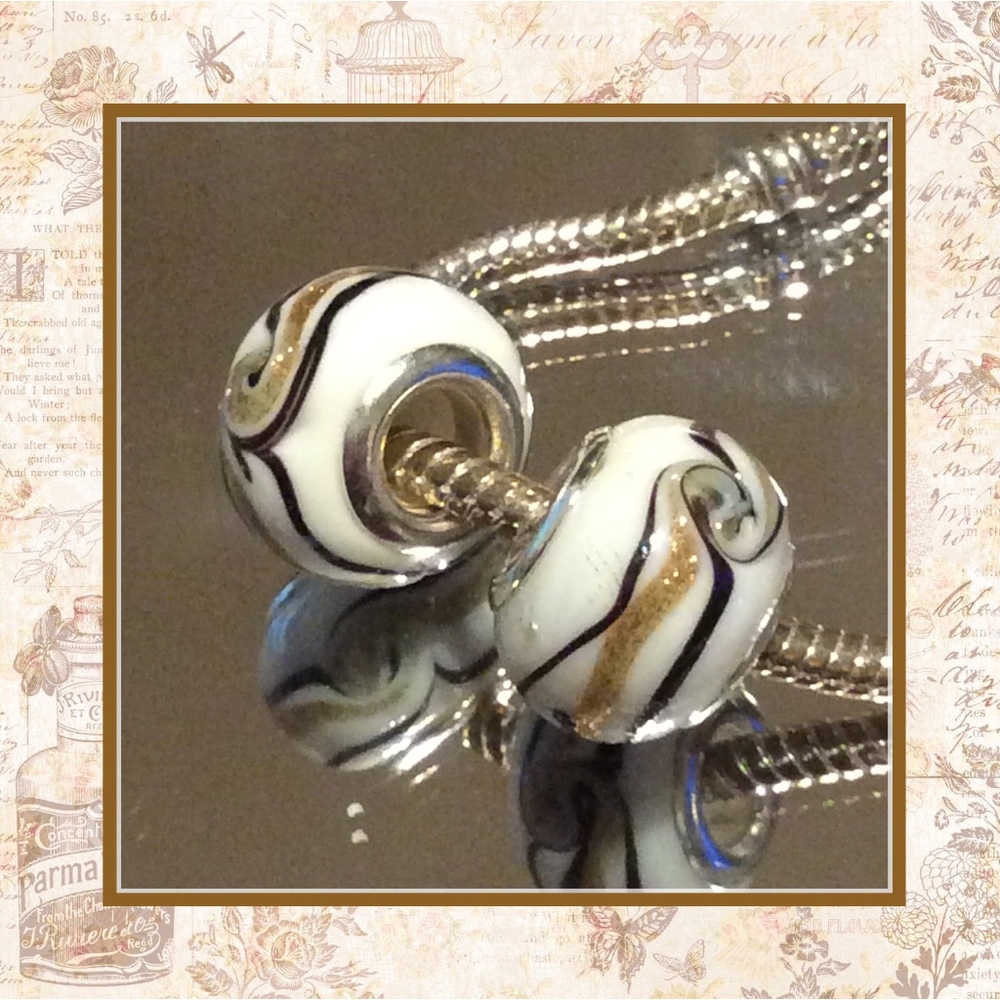 🍒 2PC BEADS BROWN GOLD GLITTER WHITE SWIRL BEAD DIY BOHO TROLL PANDORA STYLE